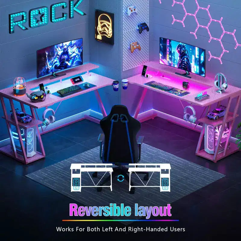 Bureau d'angle en L de 55 pouces pour jeux vidéo, rose, avec support pour écran, étagères de rangement à 3 niveaux, bureau de jeu moderne en fibre de carbone, configuration peu encombrante