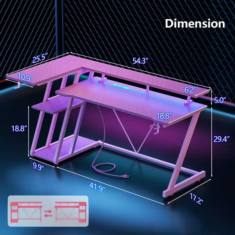 Bureau d'angle en L de 55 pouces pour jeux vidéo, rose, avec support pour écran, étagères de rangement à 3 niveaux, bureau de jeu moderne en fibre de carbone, configuration peu encombrante