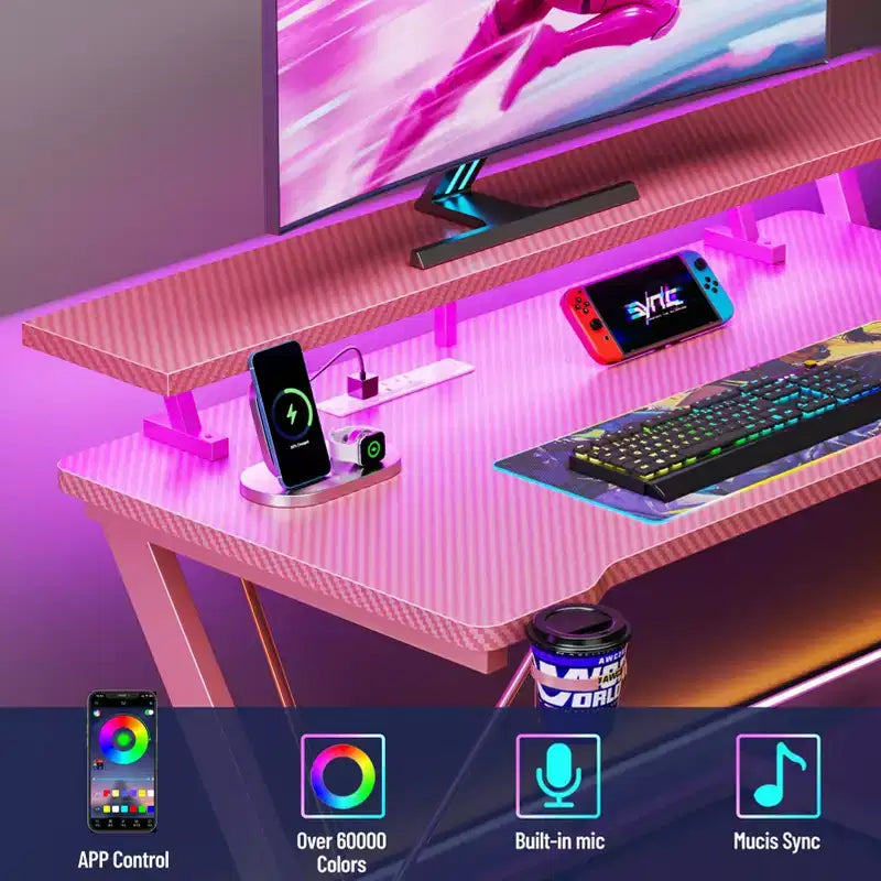 Bureau d'angle en L de 55 pouces pour jeux vidéo, rose, avec support pour écran, étagères de rangement à 3 niveaux, bureau de jeu moderne en fibre de carbone, configuration peu encombrante