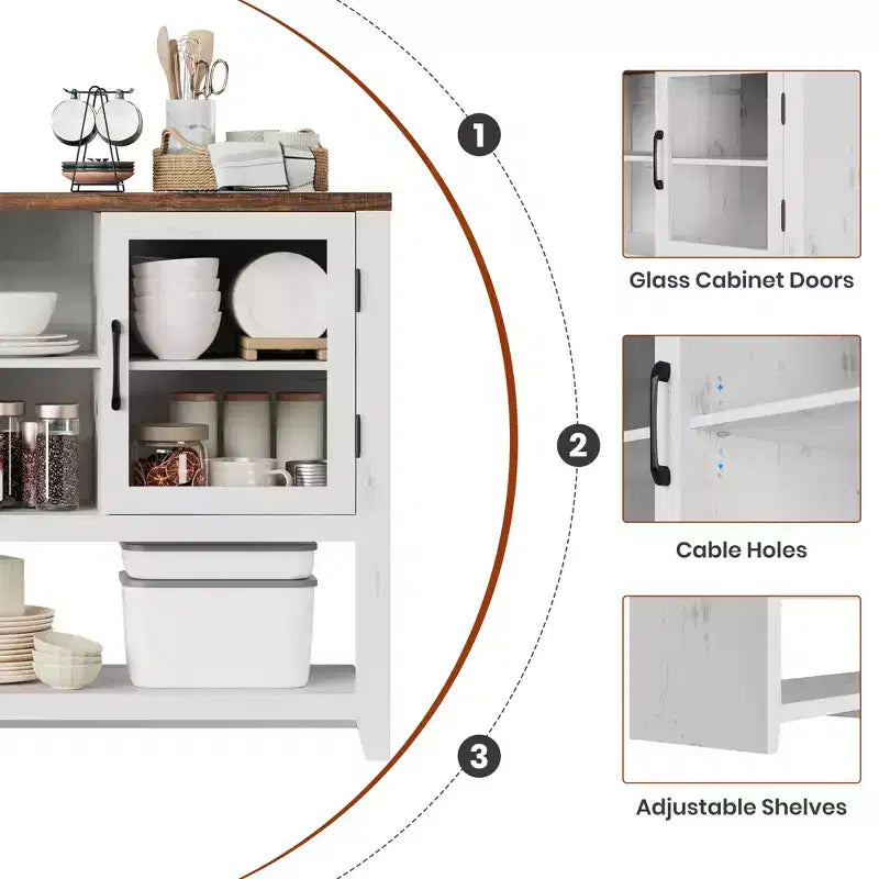 Buffet de 135 cm avec 3 étagères et 2 portes vitrées – Armoire de style moderne du milieu du siècle pour ranger du café, des livres ou de la vaisselle