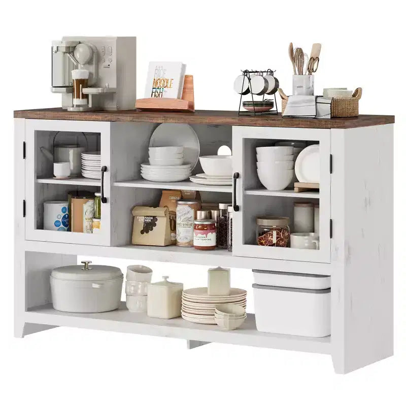 Buffet de 135 cm avec 3 étagères et 2 portes vitrées – Armoire de style moderne du milieu du siècle pour ranger du café, des livres ou de la vaisselle
