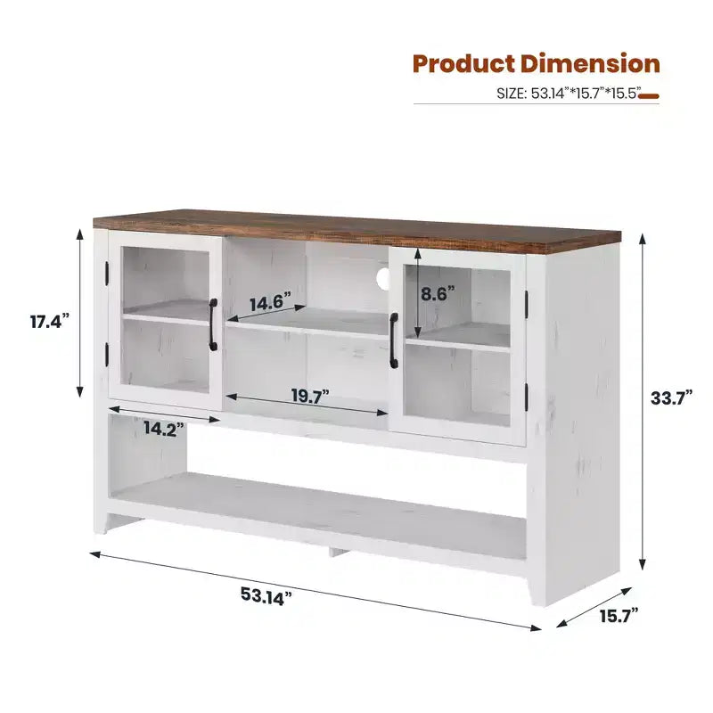 Buffet de 135 cm avec 3 étagères et 2 portes vitrées – Armoire de style moderne du milieu du siècle pour ranger du café, des livres ou de la vaisselle