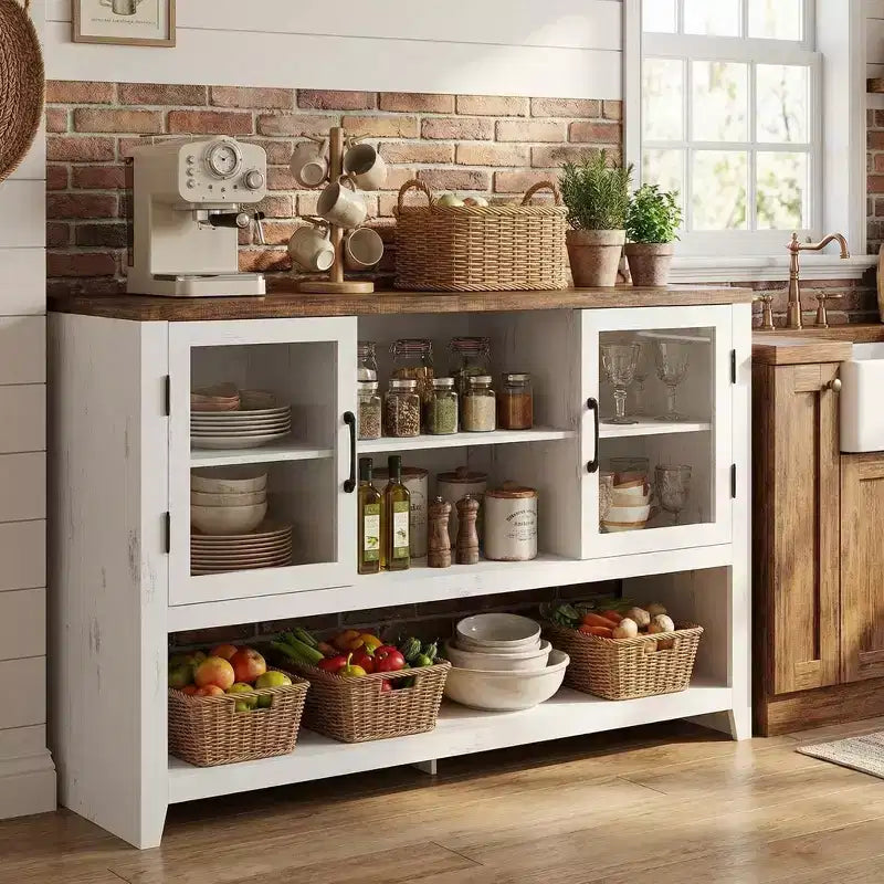 Buffet de 135 cm avec 3 étagères et 2 portes vitrées – Armoire de style moderne du milieu du siècle pour ranger du café, des livres ou de la vaisselle