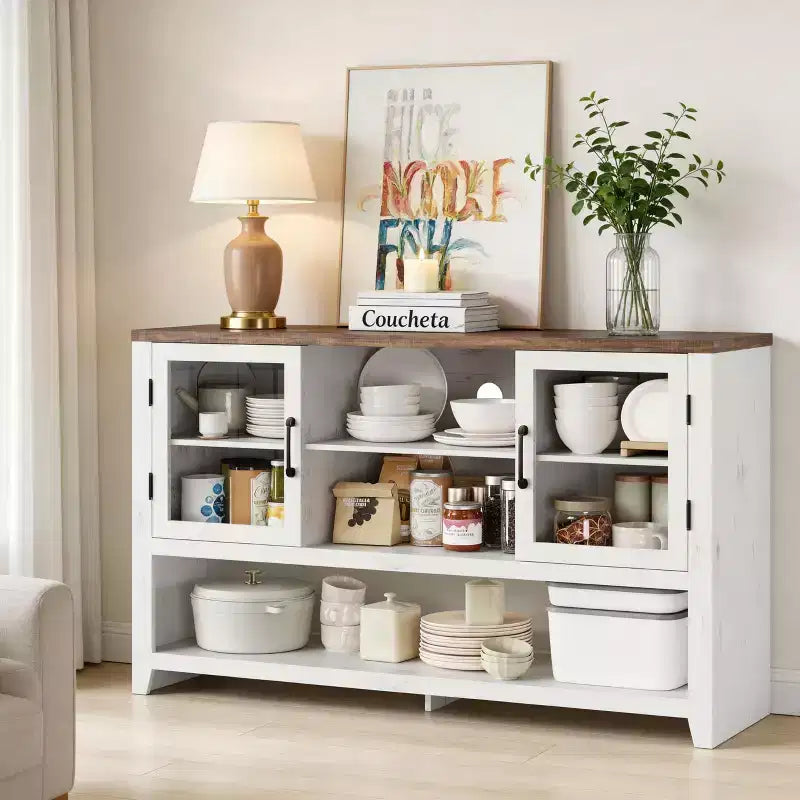 Buffet de 135 cm avec 3 étagères et 2 portes vitrées – Armoire de style moderne du milieu du siècle pour ranger du café, des livres ou de la vaisselle