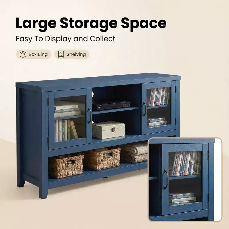 Buffet de 135 cm avec 3 étagères et 2 portes vitrées – Armoire de style moderne du milieu du siècle pour ranger du café, des livres ou de la vaisselle