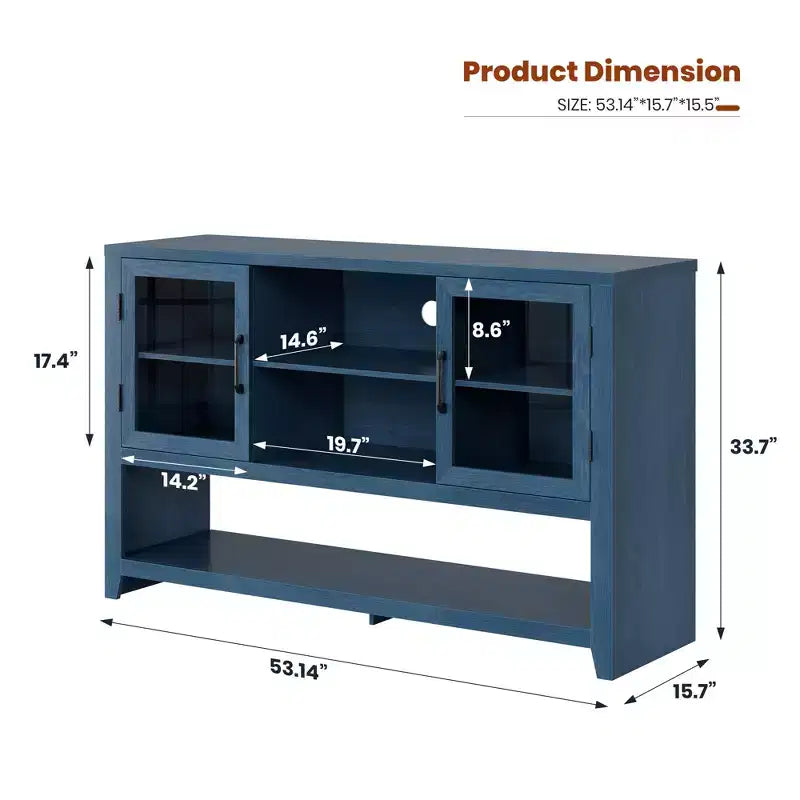 Buffet de 135 cm avec 3 étagères et 2 portes vitrées – Armoire de style moderne du milieu du siècle pour ranger du café, des livres ou de la vaisselle