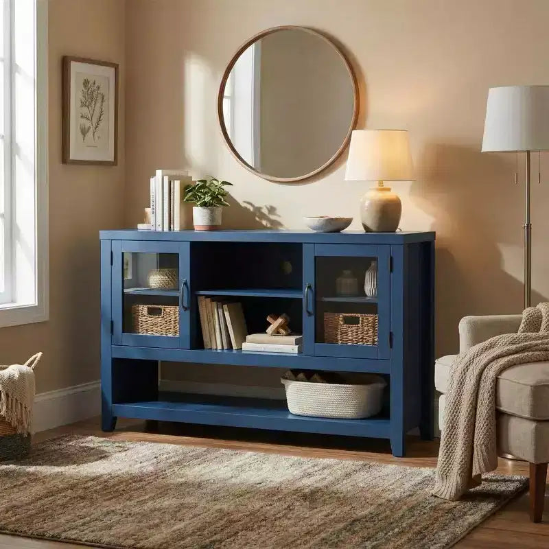 Buffet de 135 cm avec 3 étagères et 2 portes vitrées – Armoire de style moderne du milieu du siècle pour ranger du café, des livres ou de la vaisselle