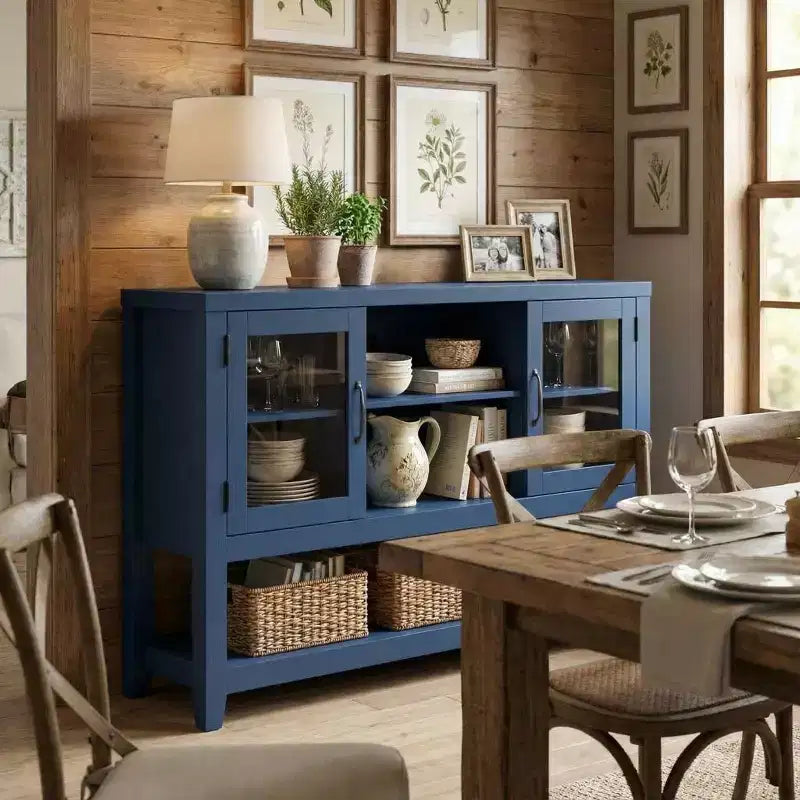 Buffet de 135 cm avec 3 étagères et 2 portes vitrées – Armoire de style moderne du milieu du siècle pour ranger du café, des livres ou de la vaisselle