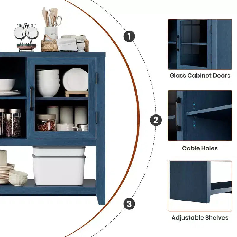 Buffet de 135 cm avec 3 étagères et 2 portes vitrées – Armoire de style moderne du milieu du siècle pour ranger du café, des livres ou de la vaisselle