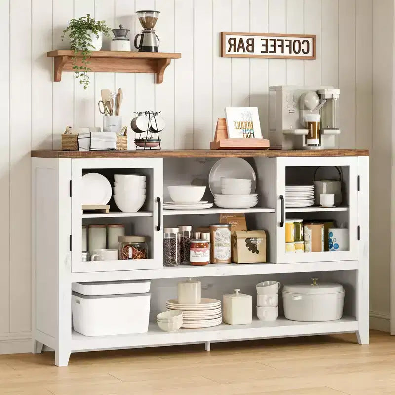 Buffet de 135 cm avec 3 étagères et 2 portes vitrées – Armoire de style moderne du milieu du siècle pour ranger du café, des livres ou de la vaisselle