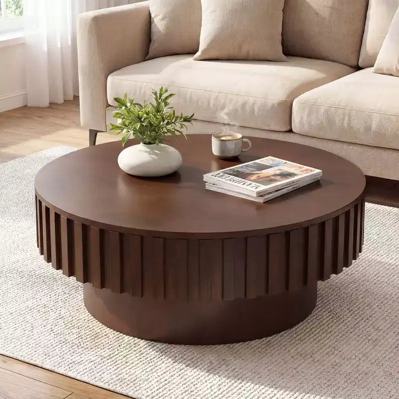 Table basse ronde avec rangement, Table basse tambour en bois avec compartiment caché Noyer/Naturel