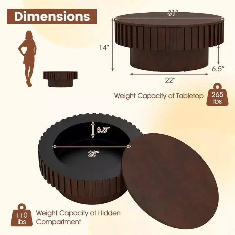 Table basse ronde avec rangement, Table basse tambour en bois avec compartiment caché Noyer/Naturel