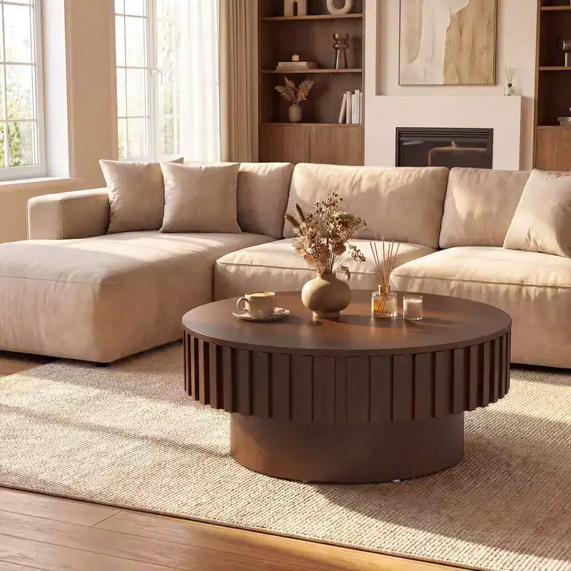 Table basse ronde avec rangement, Table basse tambour en bois avec compartiment caché Noyer/Naturel