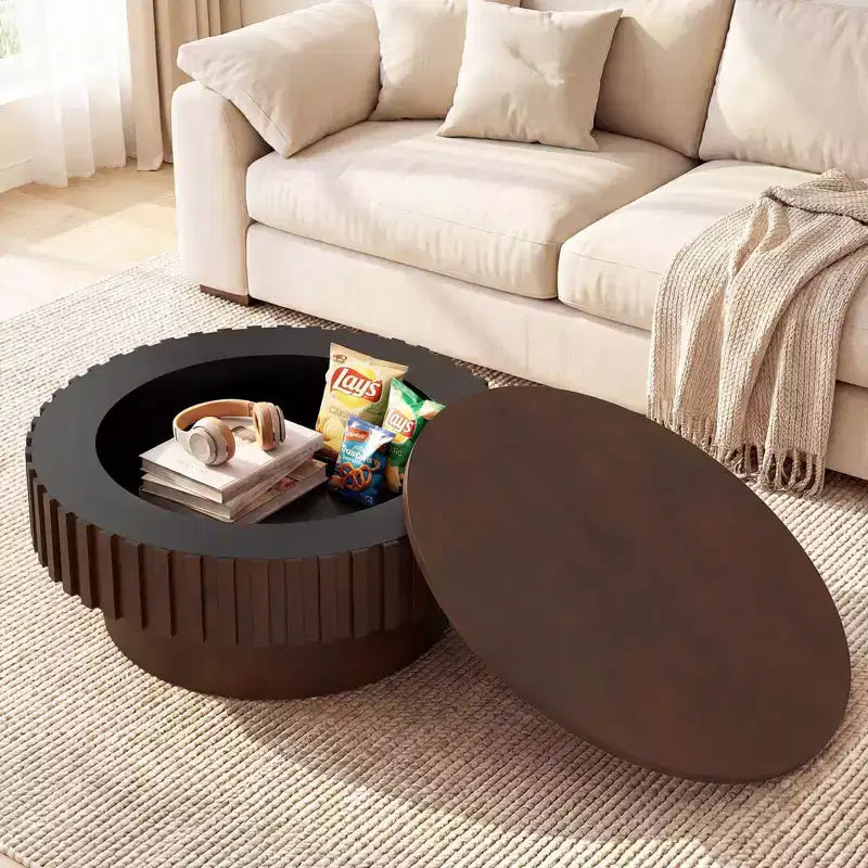 Table basse ronde avec rangement, Table basse tambour en bois avec compartiment caché Noyer/Naturel