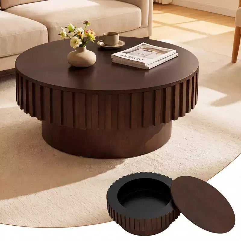Table basse ronde avec rangement, Table basse tambour en bois avec compartiment caché Noyer/Naturel