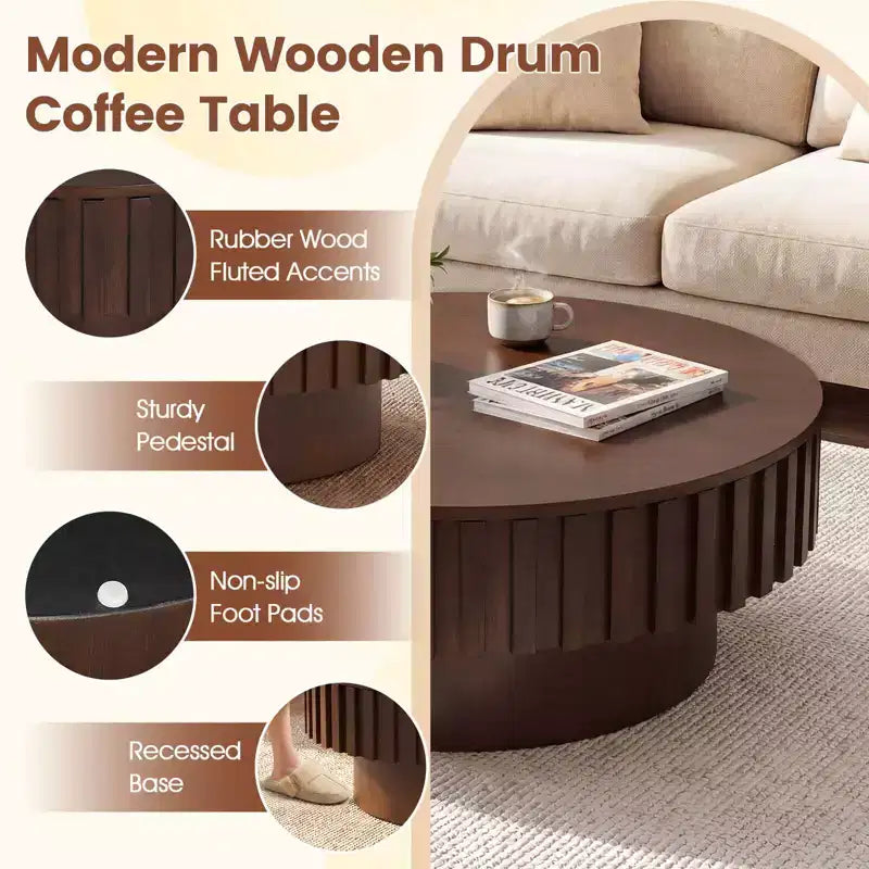Table basse ronde avec rangement, Table basse tambour en bois avec compartiment caché Noyer/Naturel