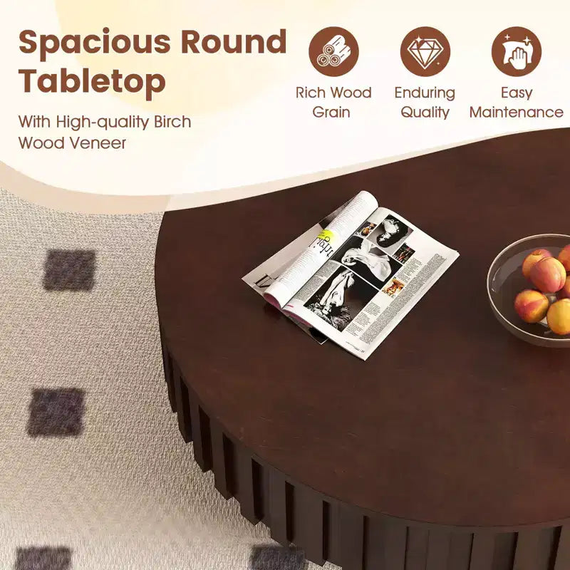 Table basse ronde avec rangement, Table basse tambour en bois avec compartiment caché Noyer/Naturel