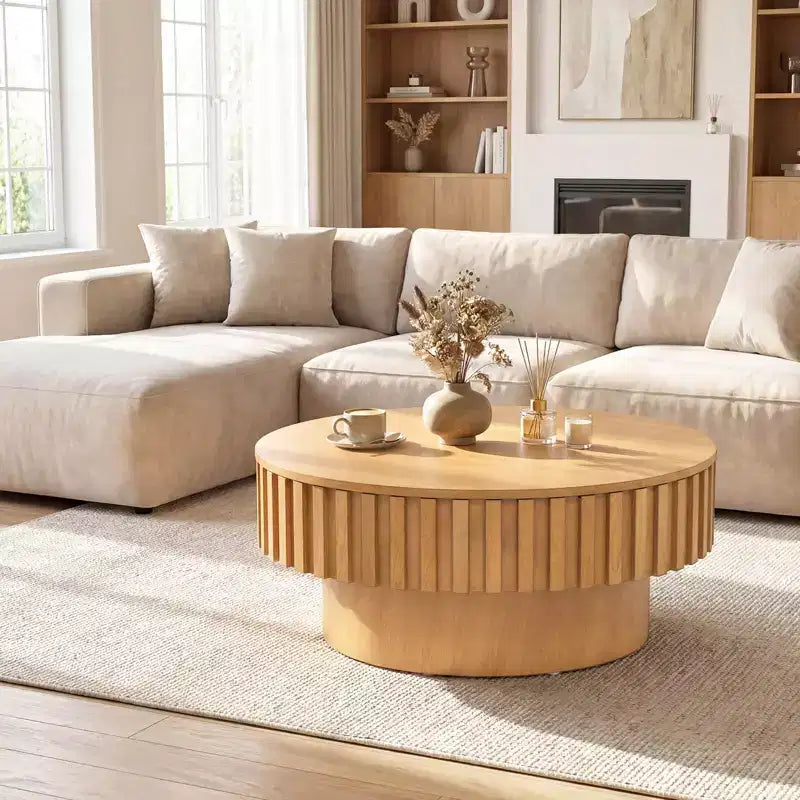 Table basse ronde avec rangement, Table basse tambour en bois avec compartiment caché Noyer/Naturel