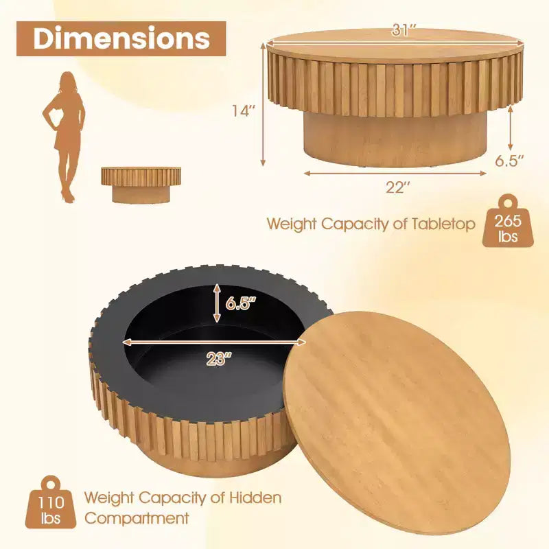 Table basse ronde avec rangement, Table basse tambour en bois avec compartiment caché Noyer/Naturel