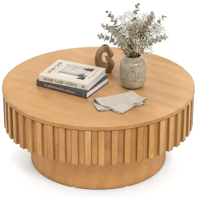 Table basse ronde avec rangement, Table basse tambour en bois avec compartiment caché Noyer/Naturel