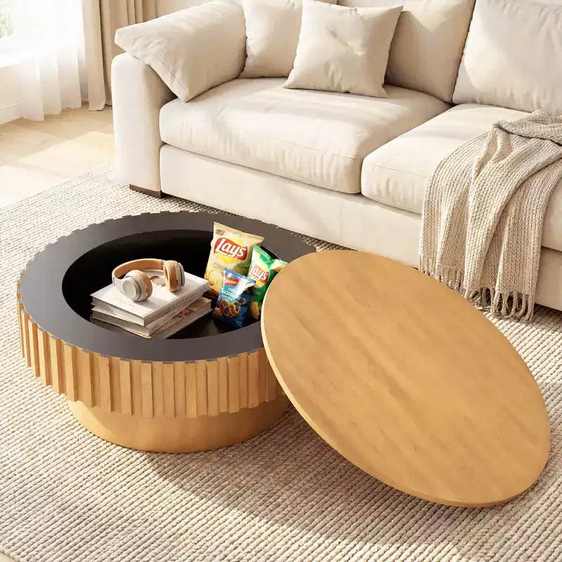 Table basse ronde avec rangement, Table basse tambour en bois avec compartiment caché Noyer/Naturel
