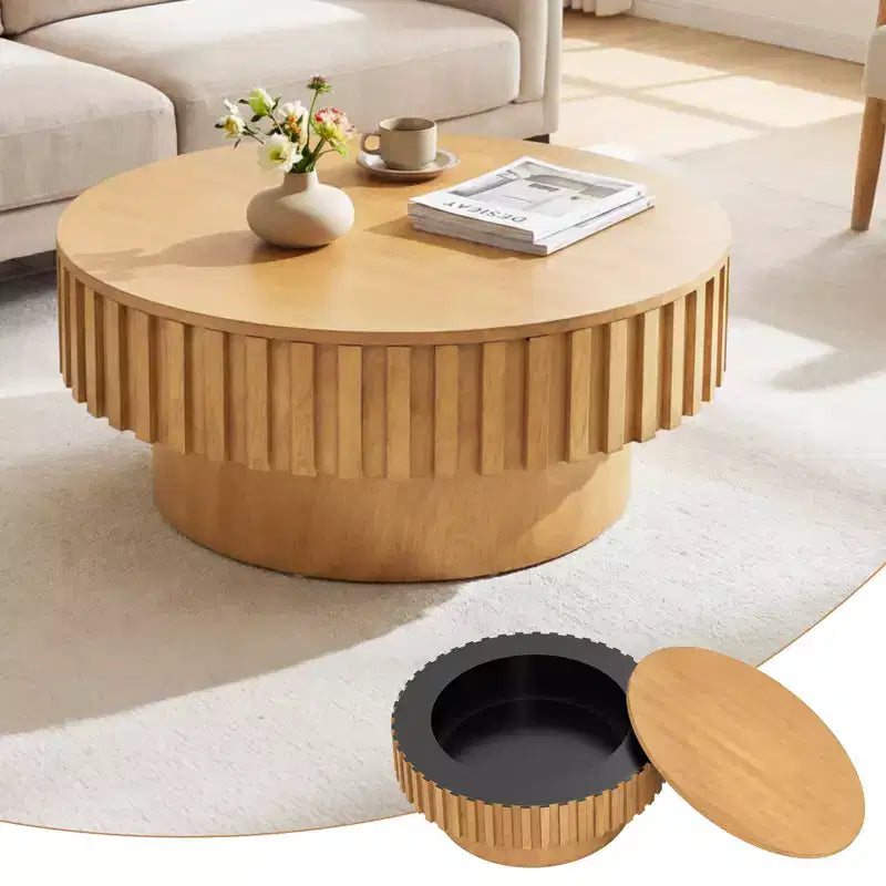Table basse ronde avec rangement, Table basse tambour en bois avec compartiment caché Noyer/Naturel