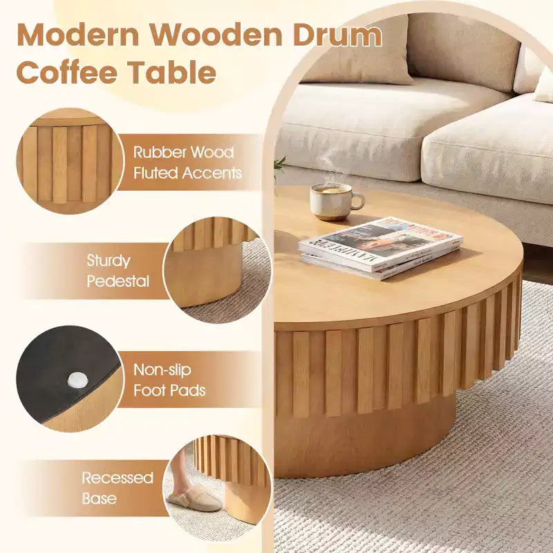 Table basse ronde avec rangement, Table basse tambour en bois avec compartiment caché Noyer/Naturel