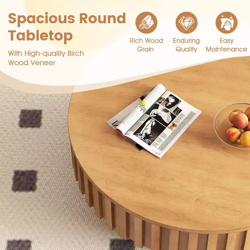Table basse ronde avec rangement, Table basse tambour en bois avec compartiment caché Noyer/Naturel