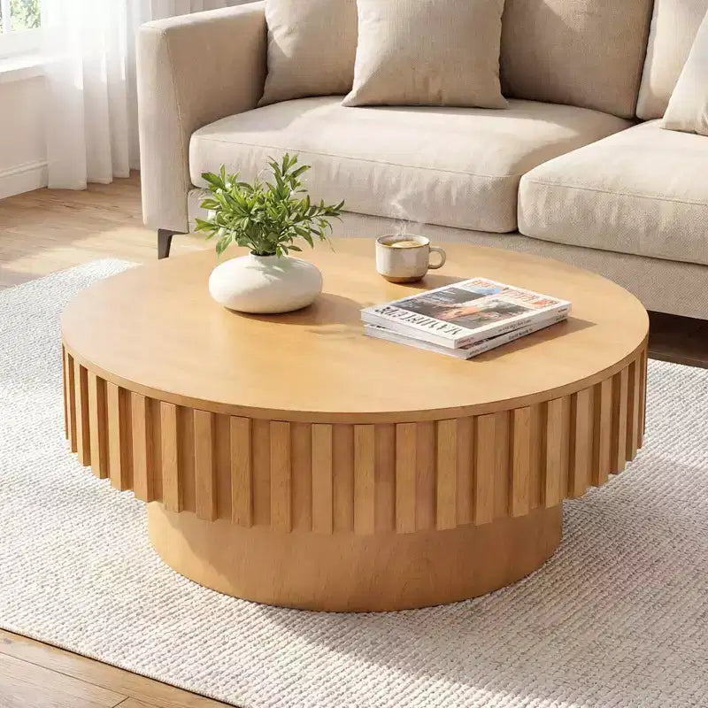 Costway Round Coffee Table with Storage, Wooden Drum Coffee Table with Hidden Compartment Walnut/Natural