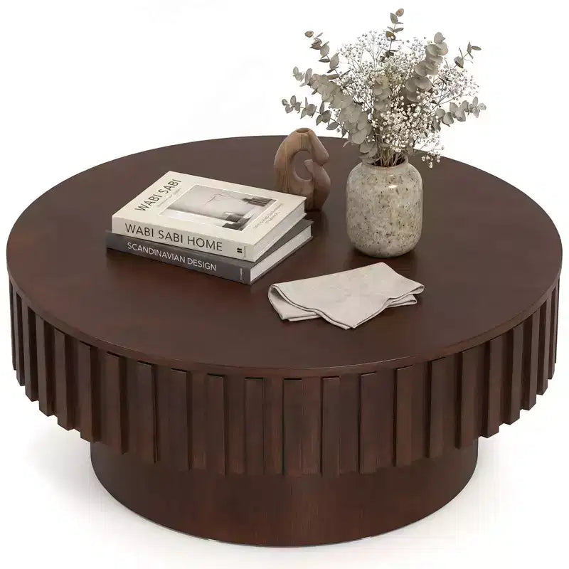 Table basse ronde avec rangement, Table basse tambour en bois avec compartiment caché Noyer/Naturel