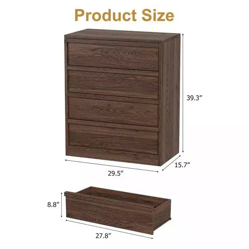 Commode à 4 tiroirs pour chambre à coucher, meuble de rangement en bois avec grands tiroirs, table de chevet pour salon ou entrée, Noyer