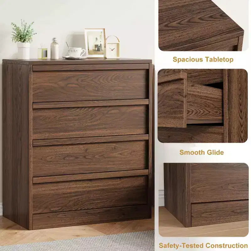 Commode à 4 tiroirs pour chambre à coucher, meuble de rangement en bois avec grands tiroirs, table de chevet pour salon ou entrée, Noyer