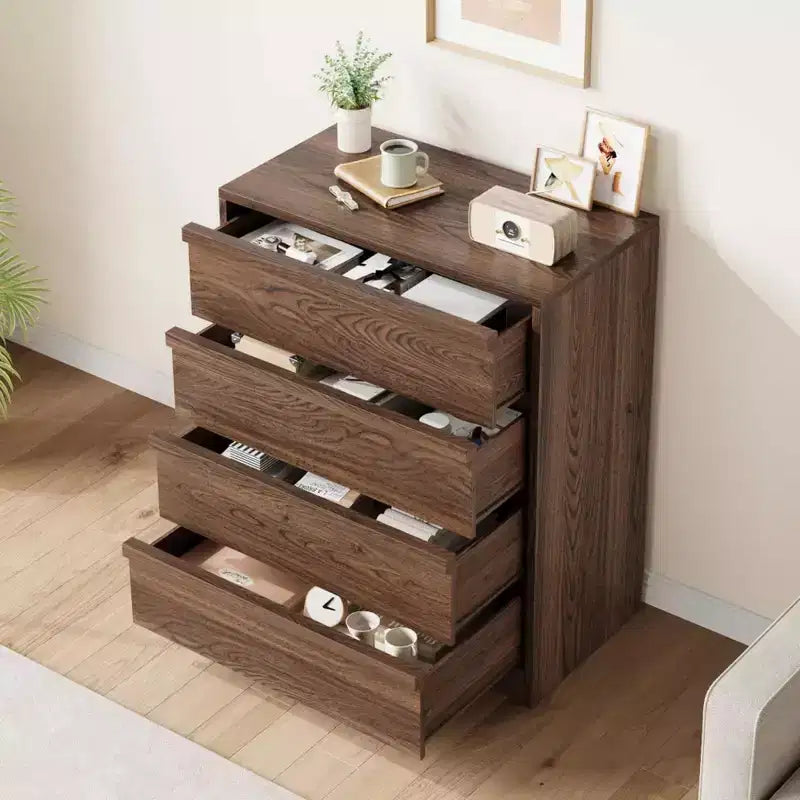 Commode à 4 tiroirs pour chambre à coucher, meuble de rangement en bois avec grands tiroirs, table de chevet pour salon ou entrée, Noyer