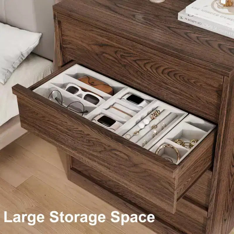Commode à 4 tiroirs pour chambre à coucher, meuble de rangement en bois avec grands tiroirs, table de chevet pour salon ou entrée, Noyer