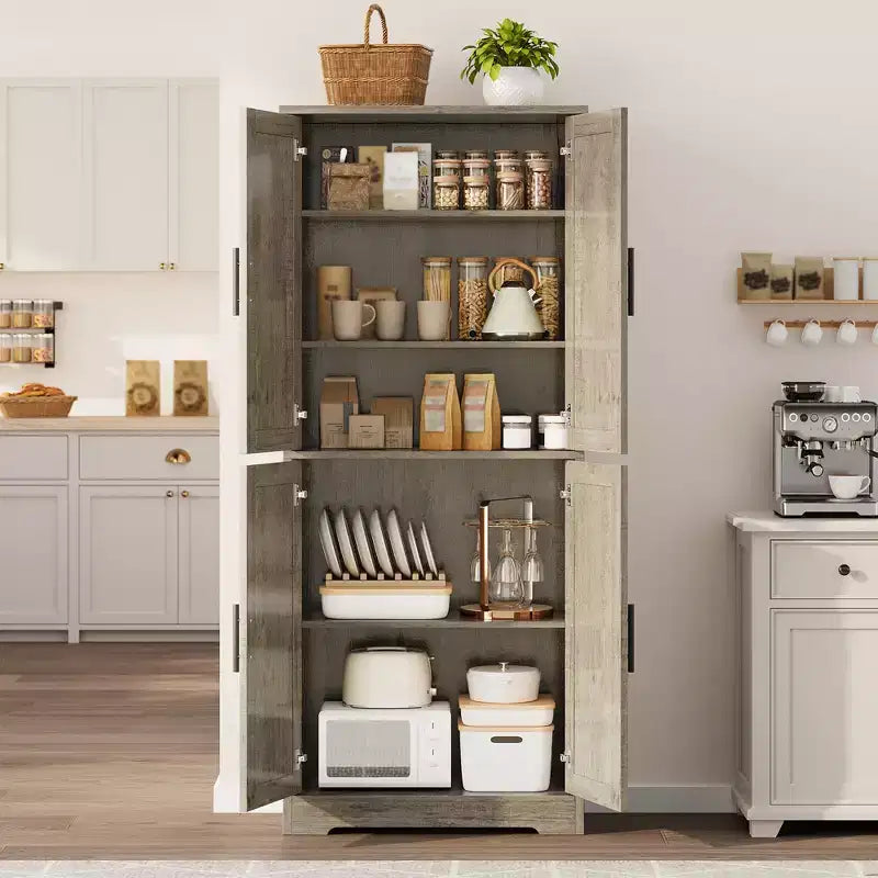 Grand meuble de rangement de cuisine moderne de 178 cm, armoire de rangement autoportante avec 4 portes et 3 étagères réglables, meuble polyvalent pour cuisine, salle de bain