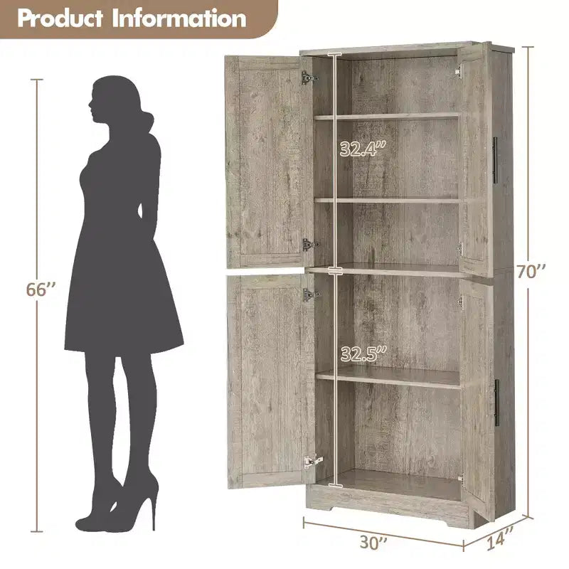 Grand meuble de rangement de cuisine moderne de 178 cm, armoire de rangement autoportante avec 4 portes et 3 étagères réglables, meuble polyvalent pour cuisine, salle de bain