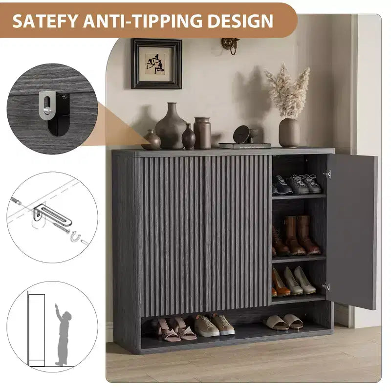 Meuble à chaussures avec porte cannelée, étagères réglables pour entrée, salon