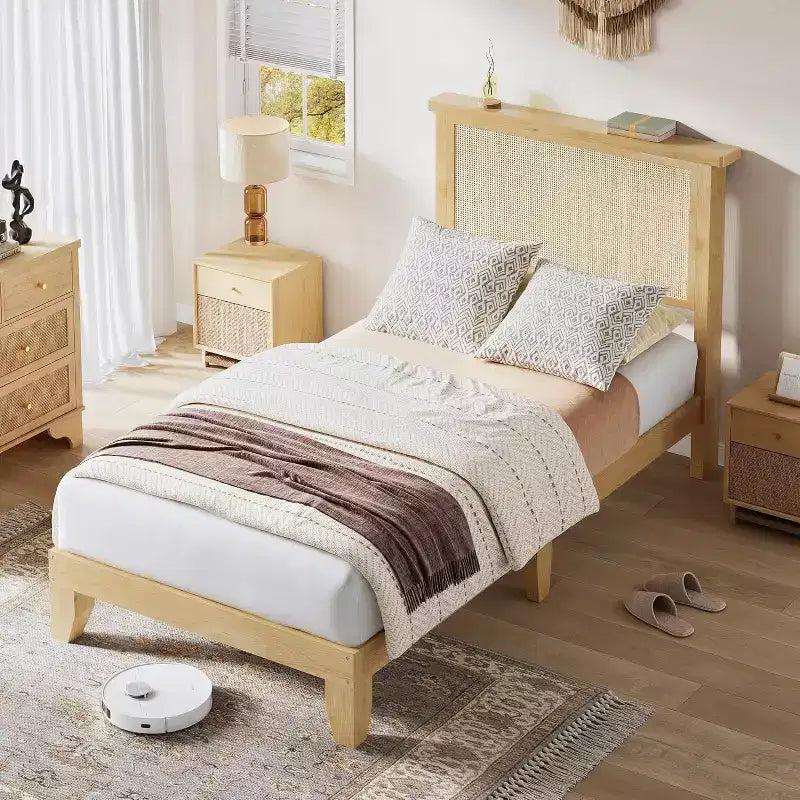 DobleePy Twin Size Square Rattan & Wood Platform Bed Frame, Natural Rattan Headboard, No Box Spring Needed, Easy Assembly