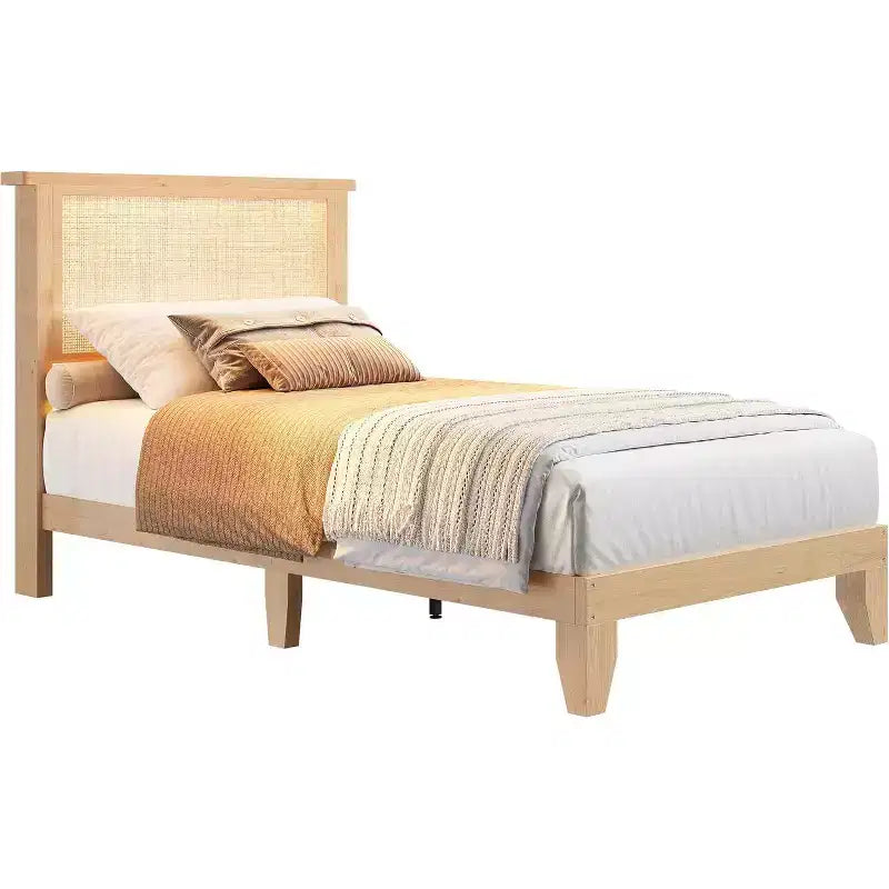 Cadre de lit plateforme carré en rotin et bois, tête de lit en rotin naturel, sommier tapissier non requis, montage facile