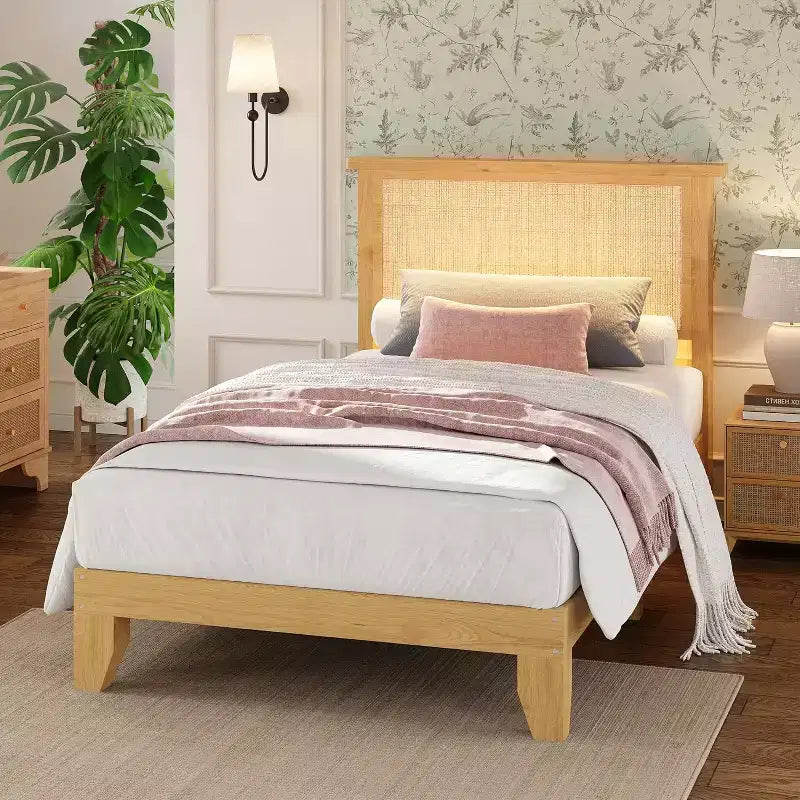Cadre de lit plateforme carré en rotin et bois, tête de lit en rotin naturel, sommier tapissier non requis, montage facile