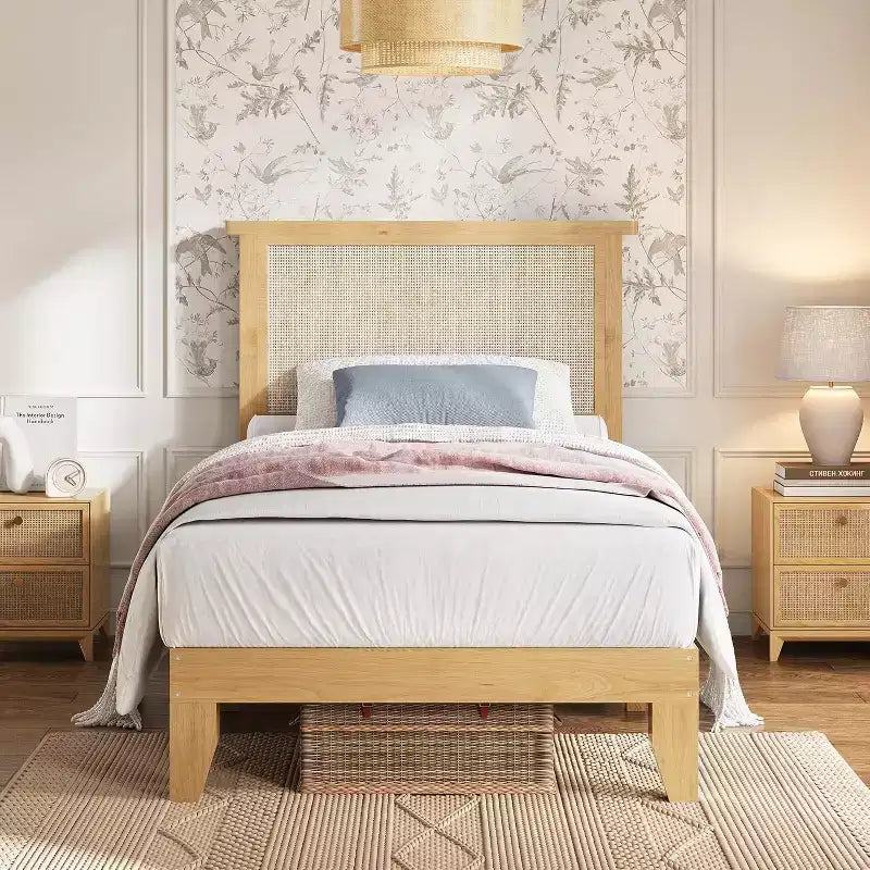 Cadre de lit plateforme carré en rotin et bois, tête de lit en rotin naturel, sommier tapissier non requis, montage facile
