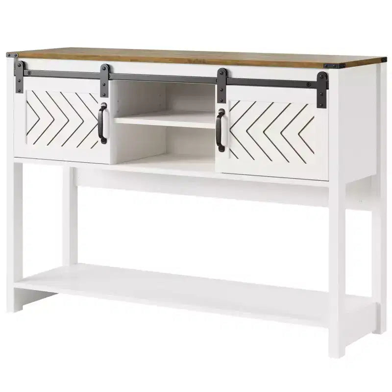 Table console de ferme 46" avec porte coulissante style grange, table d'entrée rustique avec tiroirs et étagère réglable