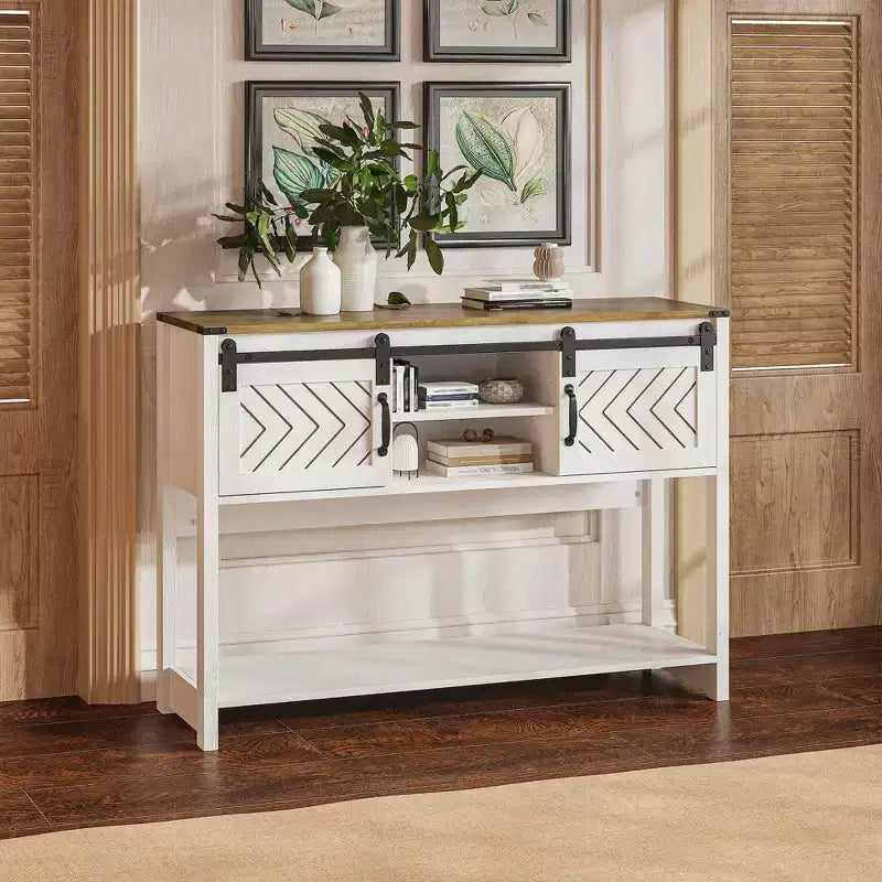 Table console de ferme 46" avec porte coulissante style grange, table d'entrée rustique avec tiroirs et étagère réglable