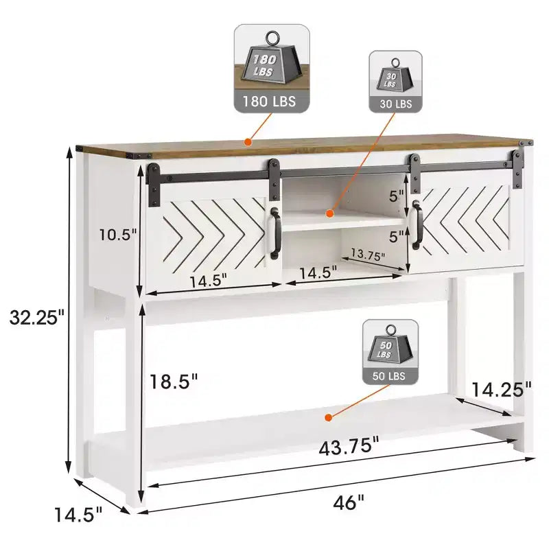 Table console de ferme 46" avec porte coulissante style grange, table d'entrée rustique avec tiroirs et étagère réglable