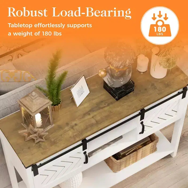 Table console de ferme 46" avec porte coulissante style grange, table d'entrée rustique avec tiroirs et étagère réglable