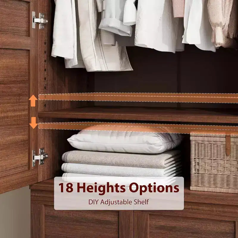 Armoire de 183 cm de haut en bois avec 4 portes, tringle de suspension et étagères réglables, Armoire de rangement autonome pour chambre à coucher