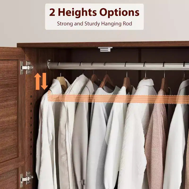 Armoire de 183 cm de haut en bois avec 4 portes, tringle de suspension et étagères réglables, Armoire de rangement autonome pour chambre à coucher
