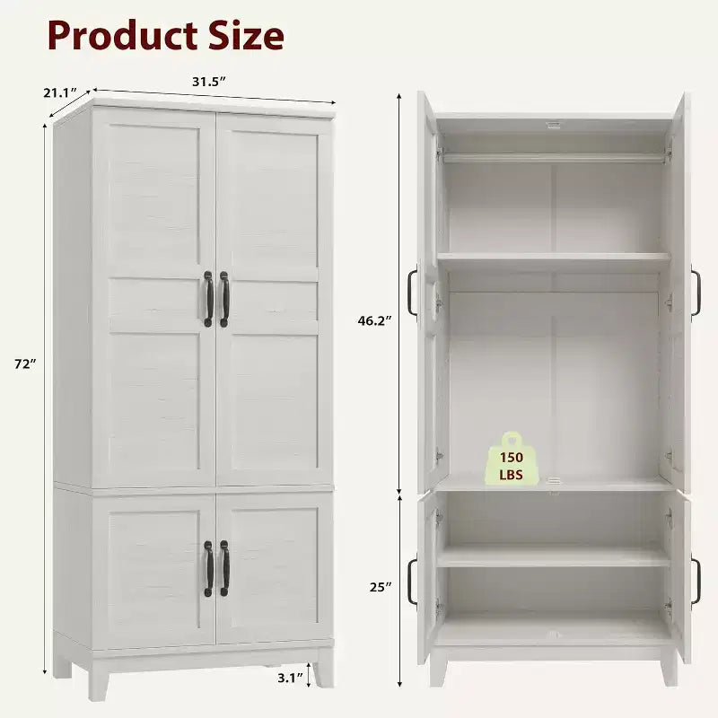 Armoire de 183 cm de haut en bois avec 4 portes, tringle de suspension et étagères réglables, Armoire de rangement autonome pour chambre à coucher