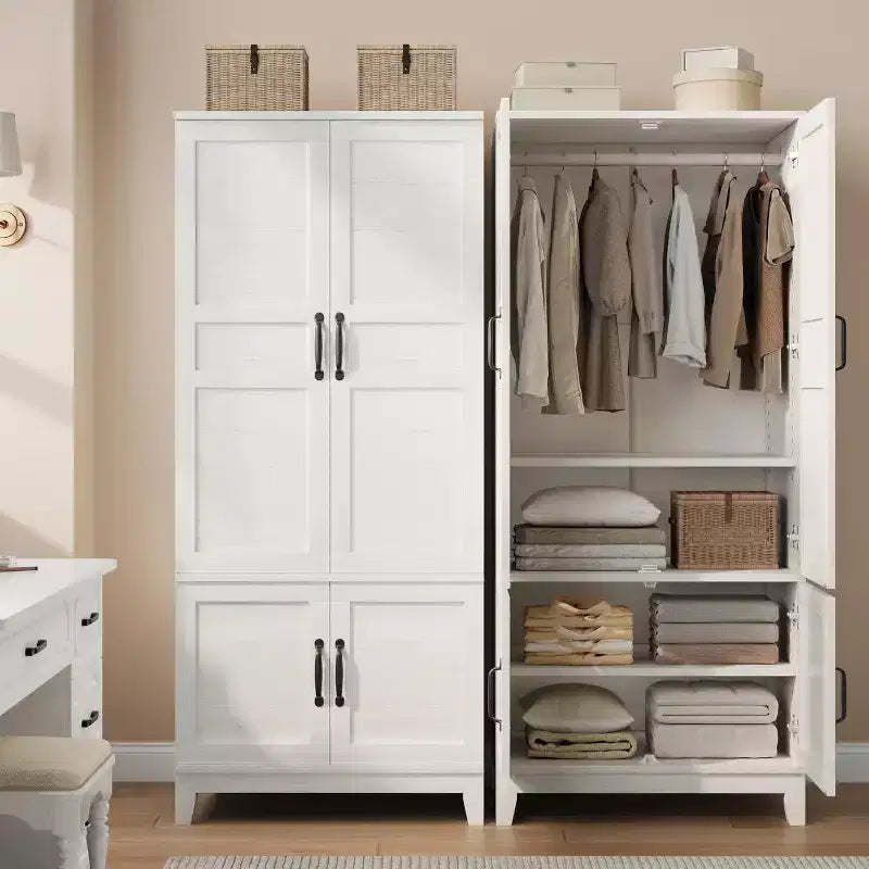 Armoire de 183 cm de haut en bois avec 4 portes, tringle de suspension et étagères réglables, Armoire de rangement autonome pour chambre à coucher