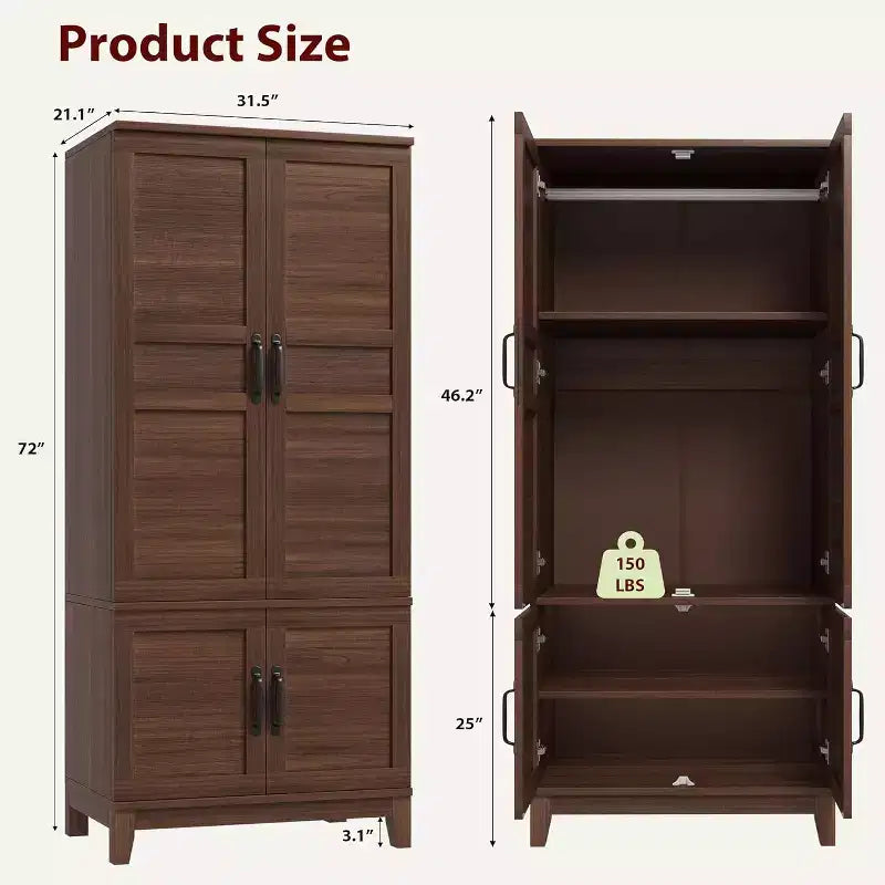 Armoire de 183 cm de haut en bois avec 4 portes, tringle de suspension et étagères réglables, Armoire de rangement autonome pour chambre à coucher